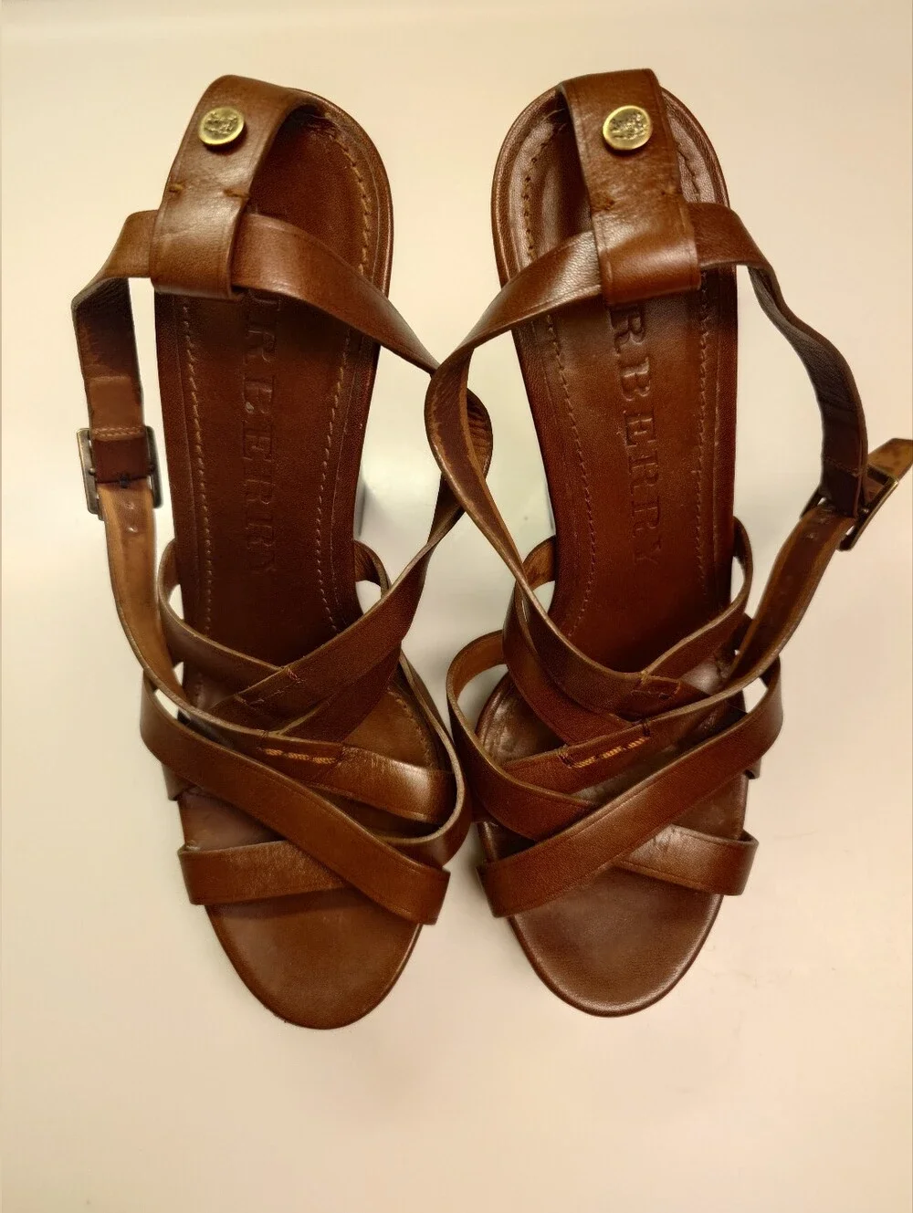 EUC Iconic Brown BURBERRY Delamer Leather Platform Wedge Sandal 39 Runway Heels